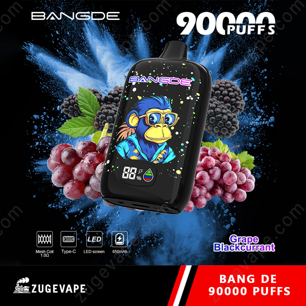 Bang De 90000 Puffs Led Screen 90K Vape 10 New Vape Device With A Colorful Cartoon Monkey On The Screen, Black Body, Surrounded By Grape Clusters And Blue Splash Background; Features Display Icons And Branding Text.