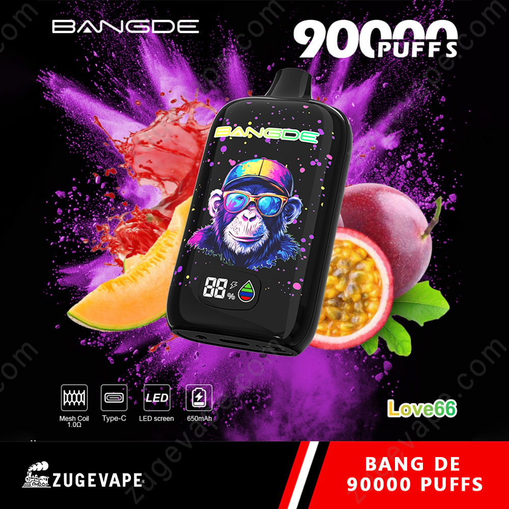 Bang De 90000 Puffs Led Screen 90K Vape 9 Compact Black Vape Pod With A Colorful Monkey Wearing Sunglasses On The Screen, Surrounded By Purple Splash Art And Tropical Fruits (Mango And Passion Fruit) In The Background; Device Features Led Display Icons And Brand Logos.