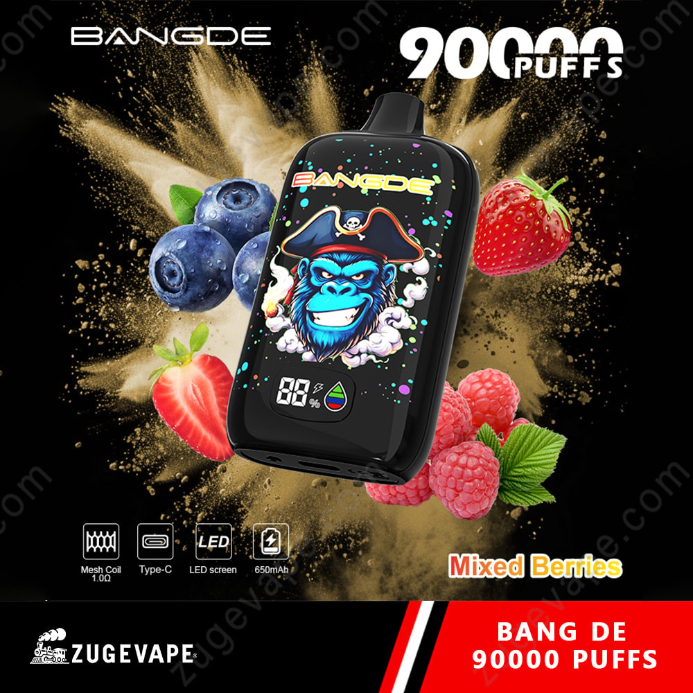 Bang De 90000 Puffs Led Screen 90K Vape 8 A Black Vape Device With A Pirate-Monkey Graphic On The Screen, Surrounded By Splashes Of Gold And Berries (Blueberries, Strawberries, Raspberries, Mint Leaves) Against A Dark Background.