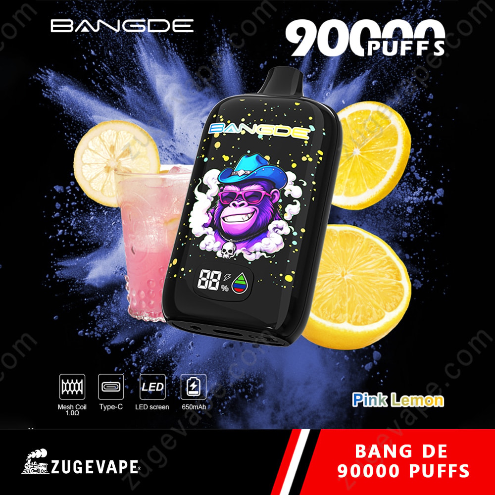 Bang De 90000 Puffs Led Screen 90K Vape 7 Compact Black Vape Pod Device With A Colorful Gorilla Graphic On The Screen, Set Against Lemon Slices And A Pink Drink Splash; Brand Text And &Quot;Pink Lemon&Quot; Label Visible.