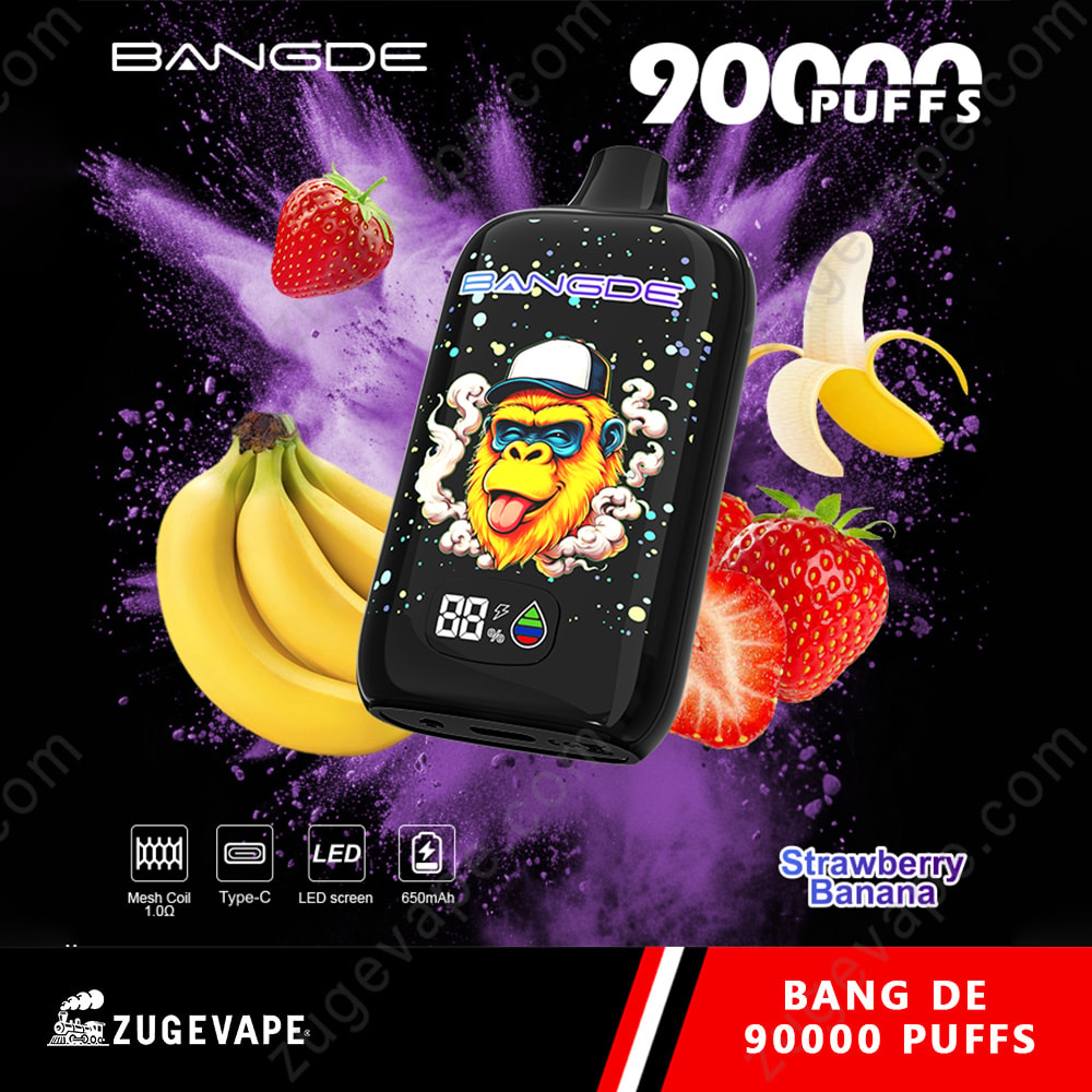 Bang De 90000 Puffs Led Screen 90K Vape 6 Compact Black Vape Device With Colorful Gorilla Graphic, Surrounded By Bananas And Berries On A Cosmic Purple Background, Labeled Strawberry Banana.