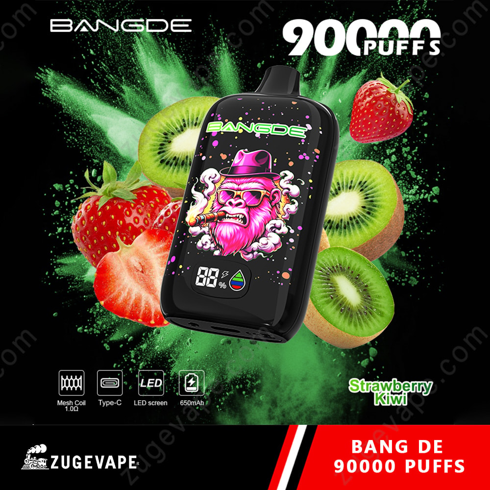 Bang De 90000 Puffs Led Screen 90K Vape 5 Vape Device In Front Of A Black Background With Green Splash, Surrounded By Strawberry And Kiwi Slices; Device Screen Shows Colorful Artwork And Led Indicators.