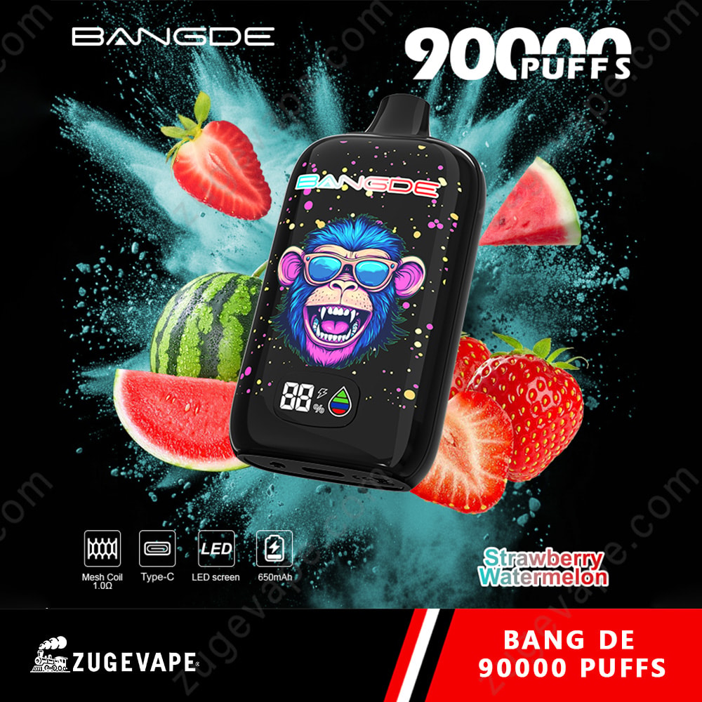 Bang De 90000 Puffs Led Screen 90K Vape 4 Vape Device With A Colorful Monkey Illustration On The Screen, Surrounded By Watermelon And Strawberry Imagery, Set Against A Splashy Blue Background.