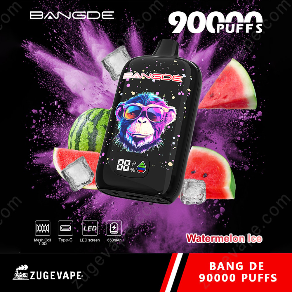 Bang De 90000 Puffs Led Screen 90K Vape 3 A Black Pod Vape With A Colorful Monkey Graphic On The Front, Surrounded By Watermelon Slices And Ice, Against A Purple Splash Background; Text Includes Bang De And Watermelon Ice.
