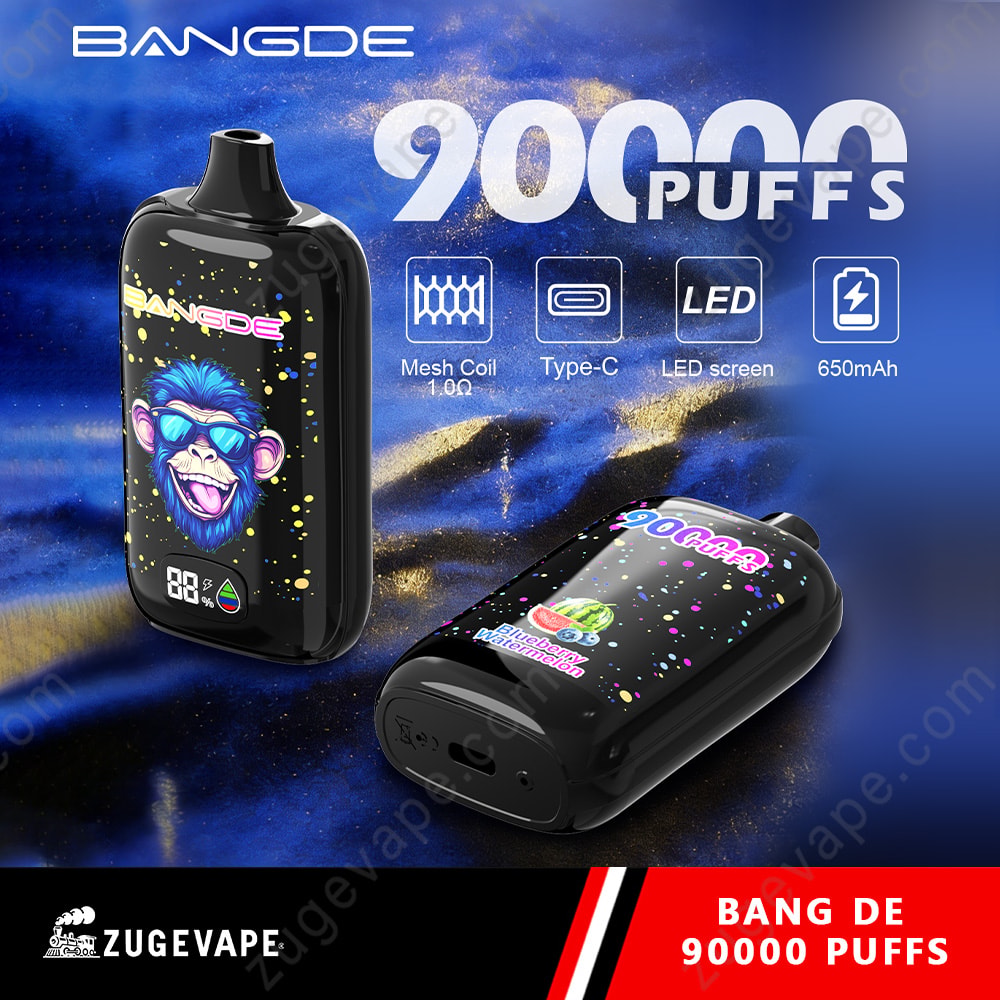 Bang De 90000 Puffs Led Screen 90K Vape 1 A Black Vape Device With A Colorful Monkey Graphic On The Screen, Positioned Upright And A Second Unit Lying Flat, Both Against A Blue Space-Like Background With Product Text And Icons.
