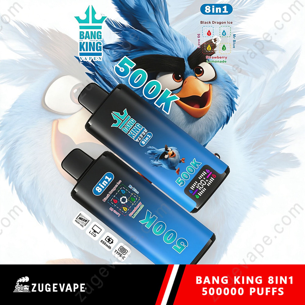 Bang King 500K Puffs 8 In 1 Flavors Angry Birds 500K Vape 14 Bang King 8In1 E-Liquid Bottles In Blue Packaging With A Blue Bird Character, &Quot;500K&Quot; Text And Logos, Black Caps, Set Against A White Background With A Red And Black Banner At Bottom.
