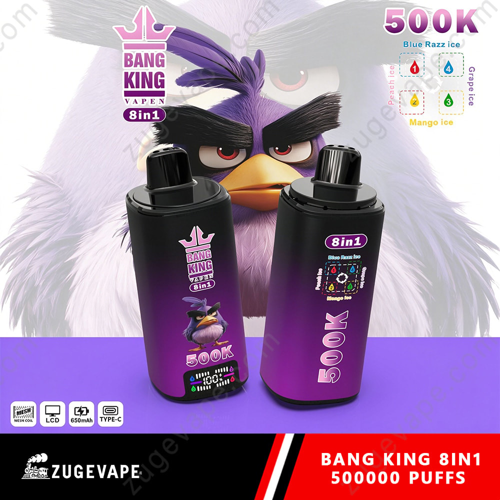 Bang King 500K Puffs 8 In 1 Flavors Angry Birds 500K Vape 13 Two Black And Purple Bang King 8In1 Vape Bottles Labeled 500K Stand On A Purple Surface With A Large Purple Bird Mascot In The Background.