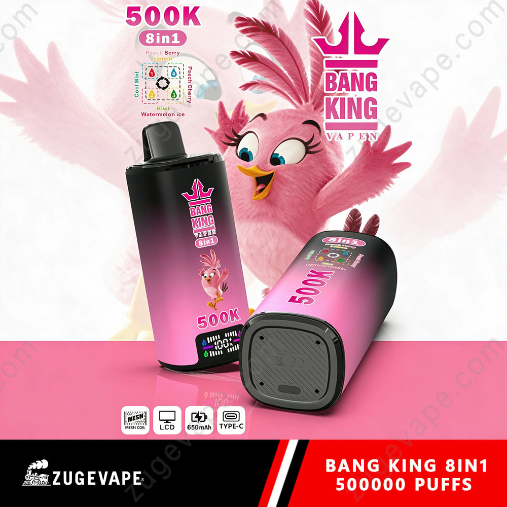 Bang King 500K Puffs 8 In 1 Flavors Angry Birds 500K Vape 12 Two Pink Vape Bottles Labeled Bang King 8In1 With A Pink Flamingo Mascot In The Background, Plus Product Text 500K And 500000 Puffs.