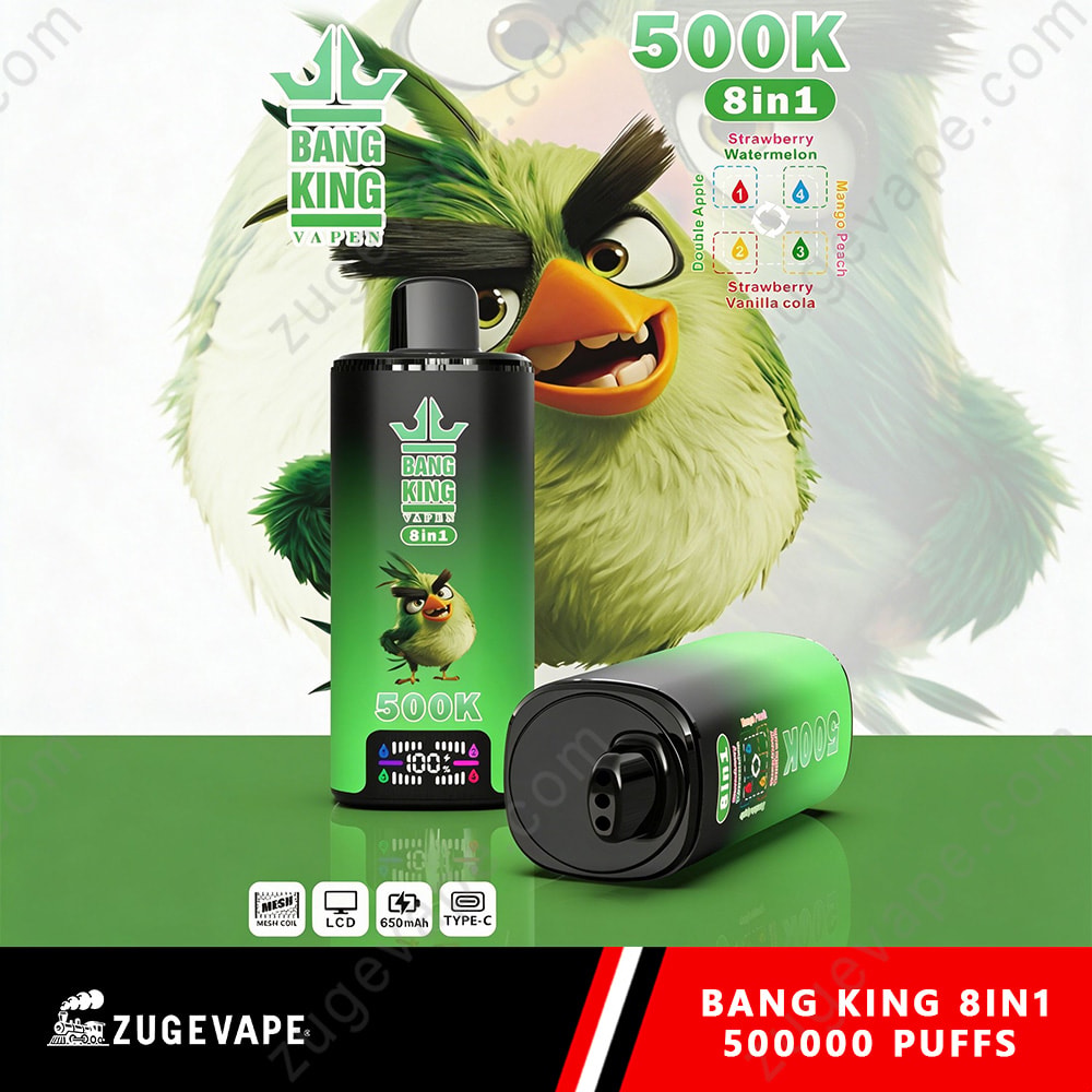 Bang King 500K Puffs 8 In 1 Flavors Angry Birds 500K Vape 11 Bang King 8In1 Vape Product Lineup Featuring A Green Bottle Upright Front, A Green Cylindrical Device Lying On Side, Bold 500K Label, And A Green Mascot Bird In The Background With A Red-Black Logo Strip At Bottom.