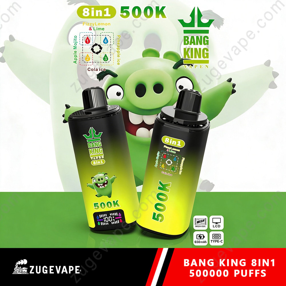 Bang King 500K Puffs 8 In 1 Flavors Angry Birds 500K Vape 10 Bang King 8In1 500K E-Liquid Bottles With A Green-To-Black Gradient, Product Label Reads 500K, Featuring A Cartoon Pig Mascot, Large Green Pig Graphic In Background.