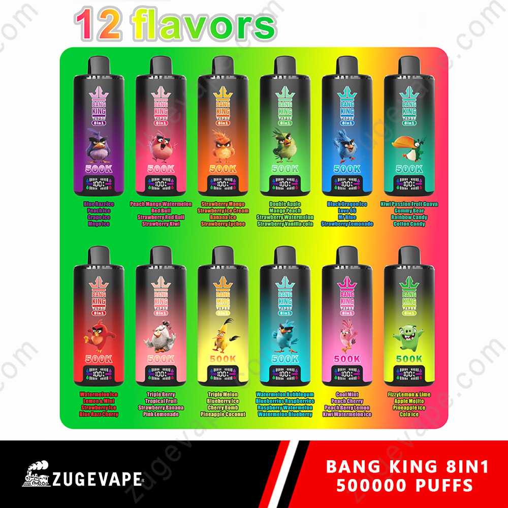 Bang King 500K Puffs 8 In 1 Flavors Angry Birds 500K Vape 2 A Grid Of Colorful Vape Bottles Labeled 12 Flavors, Each Bottle With A Cartoon Character And “500K” On The Label, Arranged On A Bright Gradient Background With A Black Logo Bar At The Bottom.