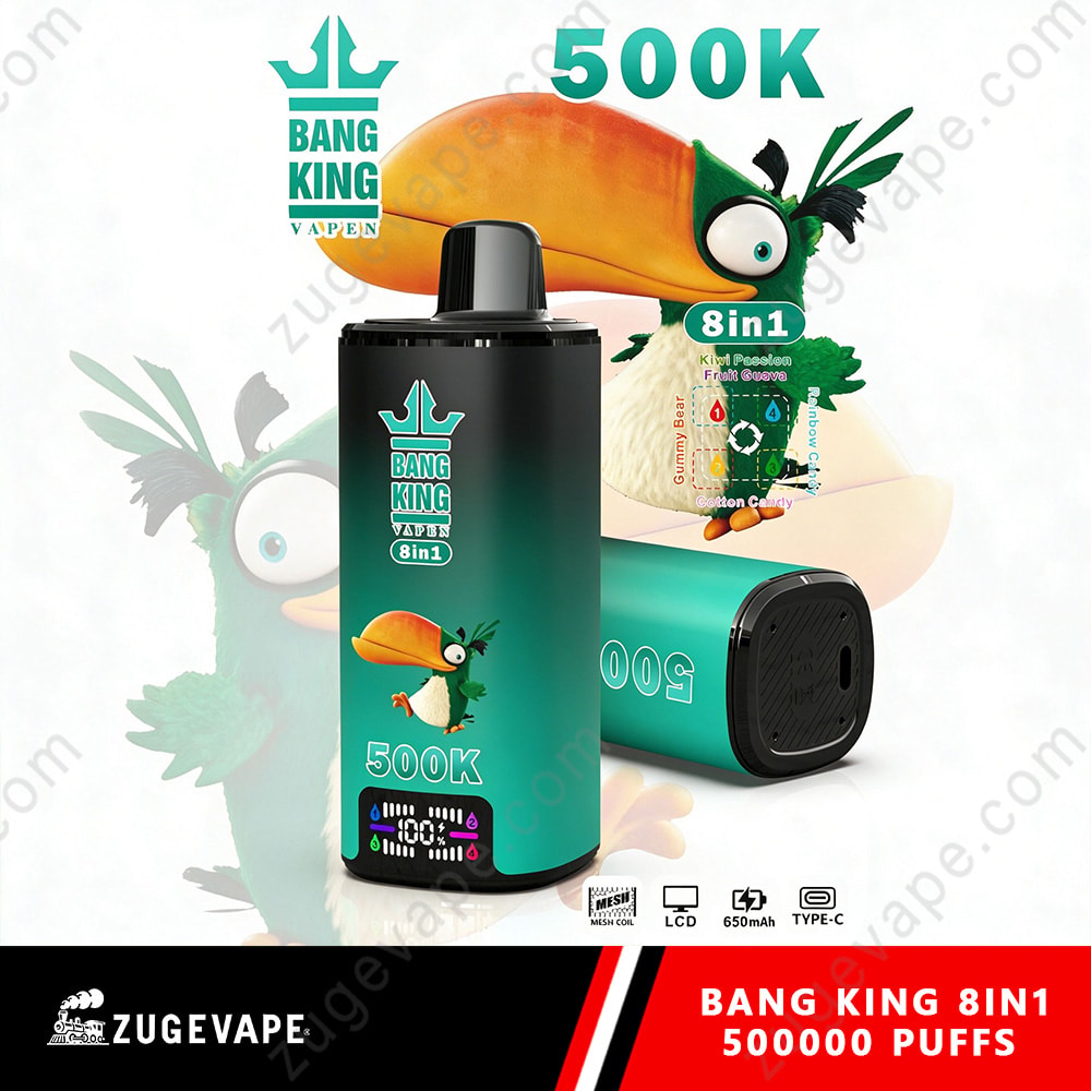 Bang King 500K Puffs 8 In 1 Flavors Angry Birds 500K Vape 9 Bang King 8In1 500K Vape Device With Teal-To-Black Gradient, Front Label Shows 500K, Cartoon Parrot Mascot, And Usb-C/Empty Display Icons; Teal Box Beside.