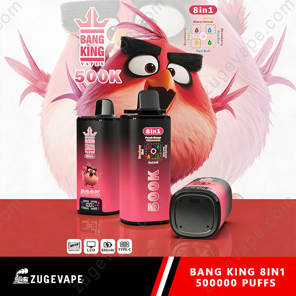 Bang King 500K Puffs 8 In 1 Flavors Angry Birds 500K Vape 8 A Bold Red And Black Bang King 8In1 Vape Duo Bottle Set With “500K” Label, Paired With A Pink Top Cap Device, Set Against A Cartoonish Pink Bird Background.