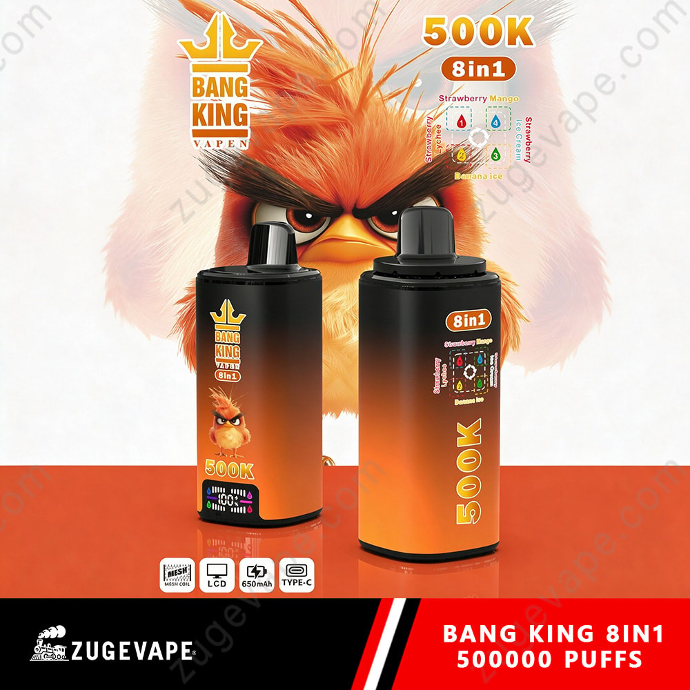 Bang King 500K Puffs 8 In 1 Flavors Angry Birds 500K Vape 7 Two Black And Orange Vape Bottles Labeled Bang King 8In1 500K Sit On A Red-Orange Surface With A Fierce Orange Bird Mascot In The Background.