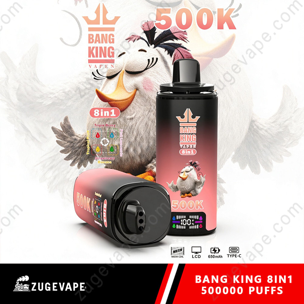 Bang King 500K Puffs 8 In 1 Flavors Angry Birds 500K Vape 6 Bang King 8In1 500000 Puffs Vape Device With Black And Pink Gradient Bottle, Standing Upright, Background Cartoon Birds And Large “500K” Text.