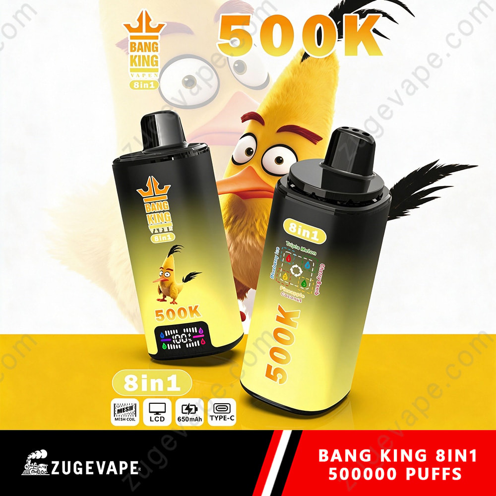 Bang King 500K Puffs 8 In 1 Flavors Angry Birds 500K Vape 5 Two Black And Yellow Vape Bottles Labeled 8In1, Set On A Yellow Surface With A Cartoon Chicken In The Background And Product Branding &Quot;500K&Quot; And &Quot;Bang King 8In1&Quot; At The Bottom.