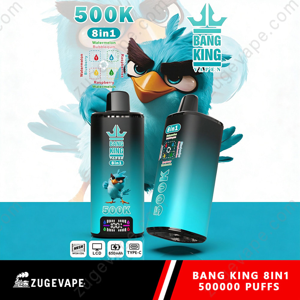 Bang King 500K Puffs 8 In 1 Flavors Angry Birds 500K Vape 4 A Blue Cartoon Bird With Sunglasses Stands Behind Two Black Bang King 8In1 Vape Bottles Labeled 500K, With Teal Gradient Accents And Product Icons At The Bottom.