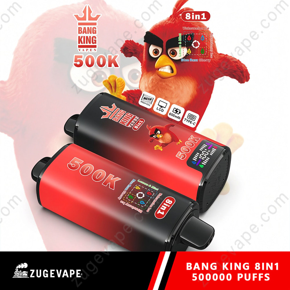 Bang King 500K Puffs 8 In 1 Flavors Angry Birds 500K Vape 3 Two Red And Black Cylindrical Vape Devices Labeled 500K Sit At An Angle, With Angry Birds Artwork And A Red Bird In The Background Promotional Text And Logos Indicate Bang King 8In1 And 500000 Puffs.