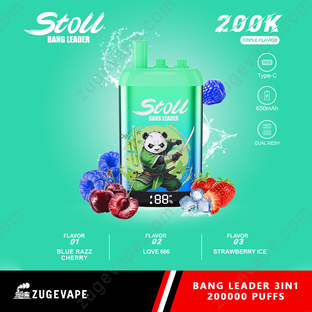 Bang Leader Stoll 200K Puffs 3 In 1 Flavors 200K Vape 14 Vibrant Teal Background With A Green Battery-Style Device Featuring A Panda Warrior, Surrounded By Berries (Blue Raspberries, Cherries, Strawberries) And Ice, Water Splash Accents, And Text Elements Promoting Stoll Bang Leader With Flavor Options Listed At The Bottom.
