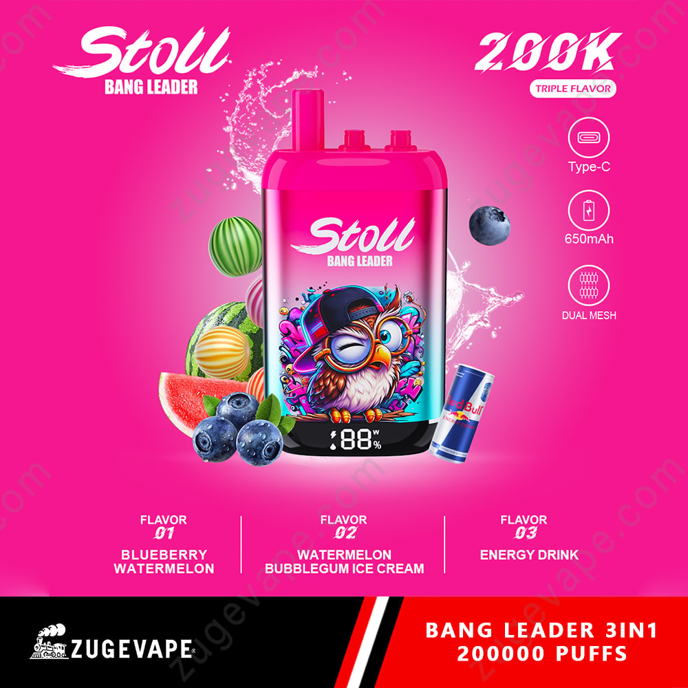 Bang Leader Stoll 200K Puffs 3 In 1 Flavors 200K Vape 13 Bright Pink Vape Device With Cartoon Owl Design, Surrounded By Fruits (Blueberries, Watermelon Slices) And A Small Bottle; Shows Features And Flavor Labels In White Text.