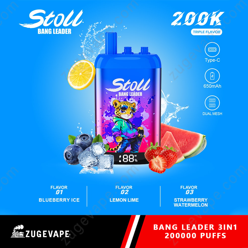 Bang Leader Stoll 200K Puffs 3 In 1 Flavors 200K Vape 12 Stoll Blue Bottle With Tiger Mascot, Surrounded By Lemon Slice, Blueberries, Ice Cubes, Watermelon, And Strawberries; Bold White Logo, Water Splash Background, Three Flavor Labels At Bottom.