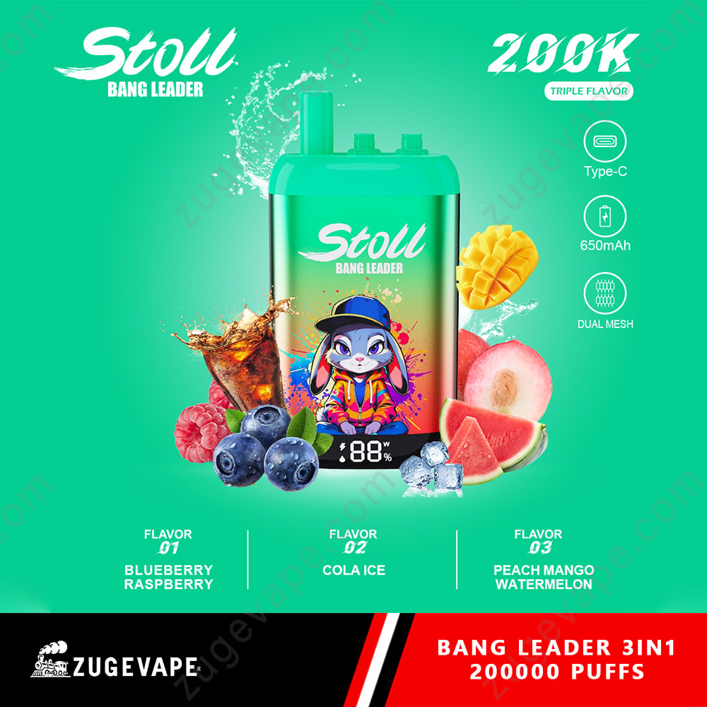 Bang Leader Stoll 200K Puffs 3 In 1 Flavors 200K Vape 11 A Turquoise Vape Device With A Digital Display Sits Center, Surrounded By Fruit Graphics Like Blueberry, Raspberry, Mango, Peach, Watermelon, And Sliced Fruits; A Mascot Character Stands On The Device, With Water Splashes And The Stoll Logo Above.