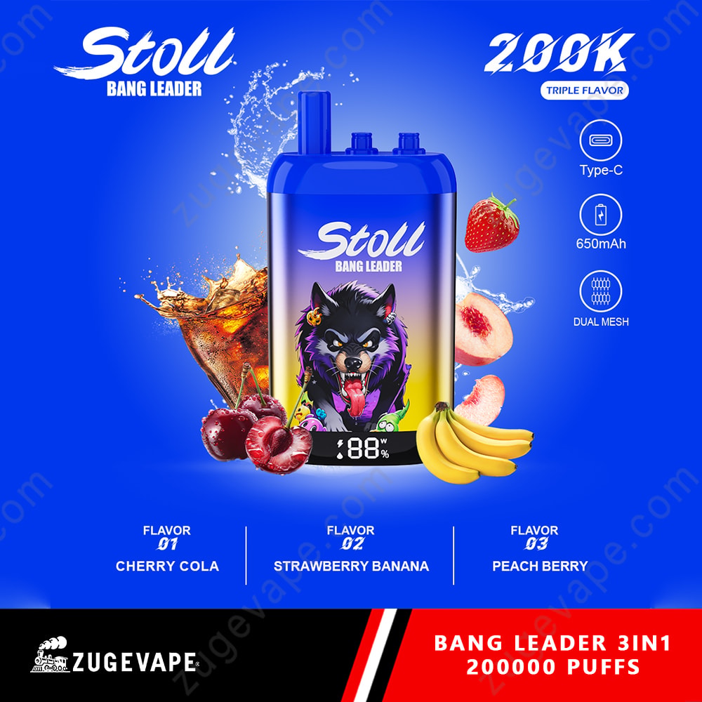 Bang Leader Stoll 200K Puffs 3 In 1 Flavors 200K Vape 10 Stoll Device With A Wolf Graphic On Blue Background, Surrounded By Cherries, Peaches, Strawberries, And Bananas; Feature Icons On Right And Flavor List At Bottom.