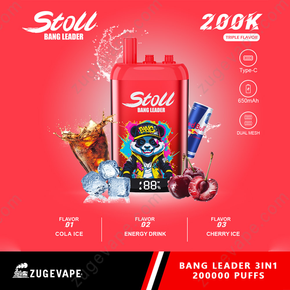Bang Leader Stoll 200K Puffs 3 In 1 Flavors 200K Vape 9 A Red Stoll Bang Leader Device With A Skull Graphic, Drinks, Ice Cubes, And Cherries In Front; Flavor Options Listed At Bottom.
