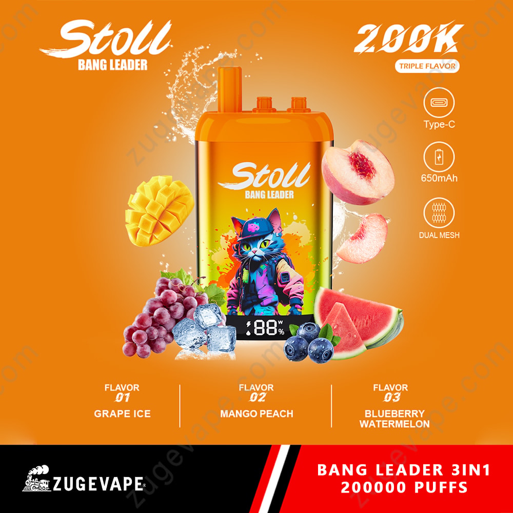 Bang Leader Stoll 200K Puffs 3 In 1 Flavors 200K Vape 8 Vibrant Orange Vape Ad Featuring A Central Orange Device With Brand Logo, Surrounded By Mango, Grapes, Watermelon Slices, Peaches, And Ice, With Flavor Labels At Bottom.