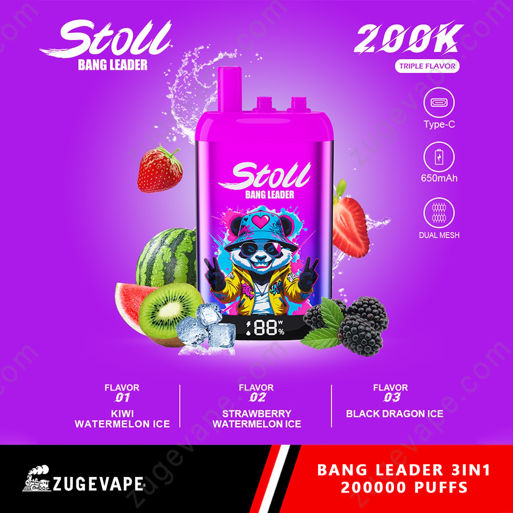 Bang Leader Stoll 200K Puffs 3 In 1 Flavors 200K Vape 7 Bright Purple Background With A Pink Vape Pod Central, Featuring A Stylized Panda Wearing A Crown And Gloves; Surrounding Fruits (Strawberry, Kiwi, Watermelon, Blackberry, And Blackberry Ice) And Ice Cubes; A Digital Display At The Base; Product Branding Stoll Bang Leader And Text Highlighting Flavors And Features.