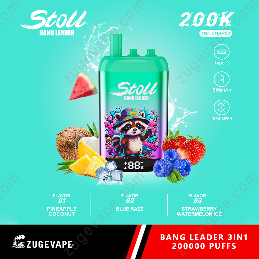 Bang Leader Stoll 200K Puffs 3 In 1 Flavors 200K Vape 6 Bright Turquoise Ad Featuring A Green Stoll Vape Device With Colorful Panda Illustration, Surrounded By Pineapple, Coconut, Fruit Slices, Berries, And Ice; Bold White Logos And Flavor Labels At Bottom.