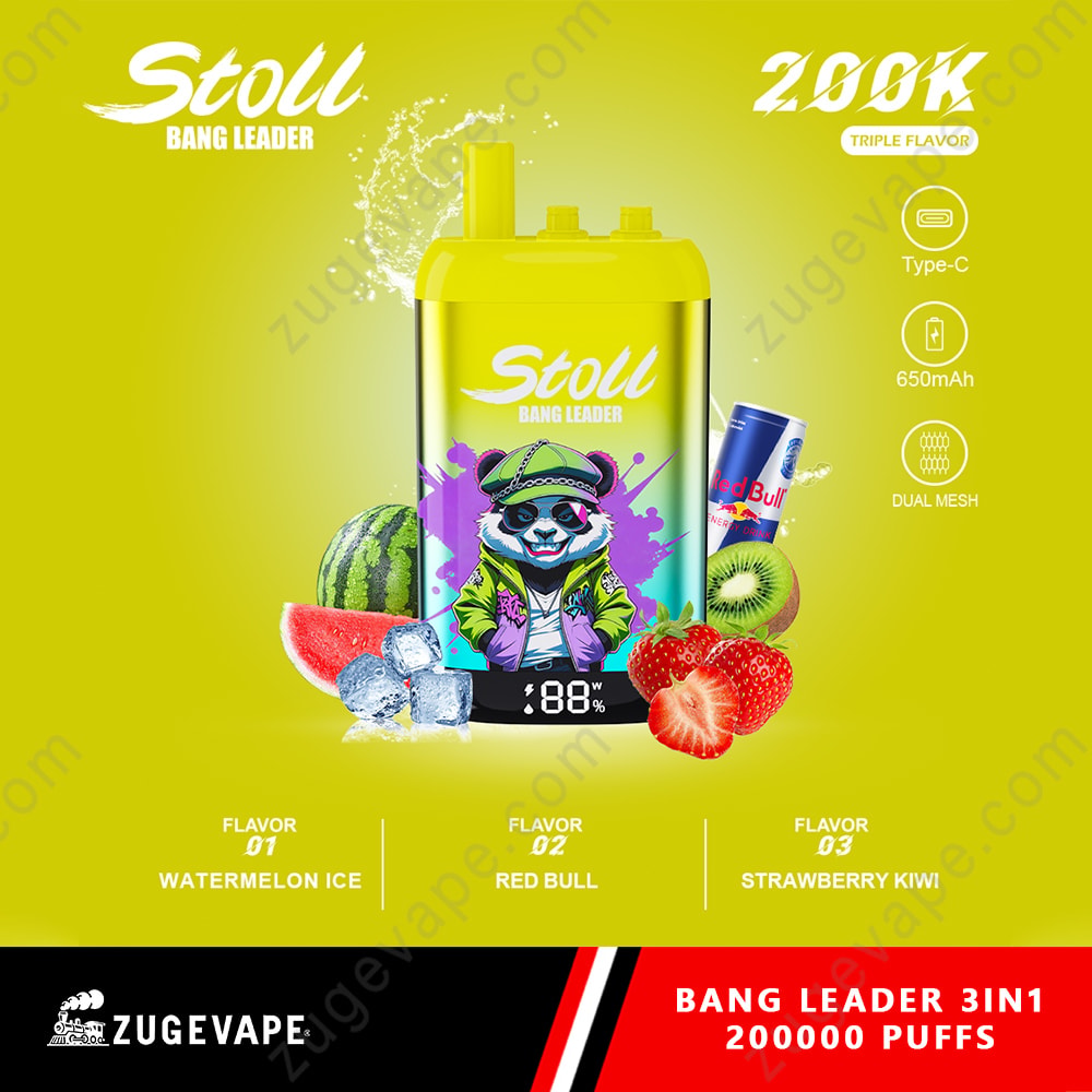 Bang Leader Stoll 200K Puffs 3 In 1 Flavors 200K Vape 5 Stool Bang Leader Device In Bright Yellow With Panda Graphic, Surrounded By Watermelon, Kiwi, Strawberries, And Ice; Three Flavor Codes At Bottom.