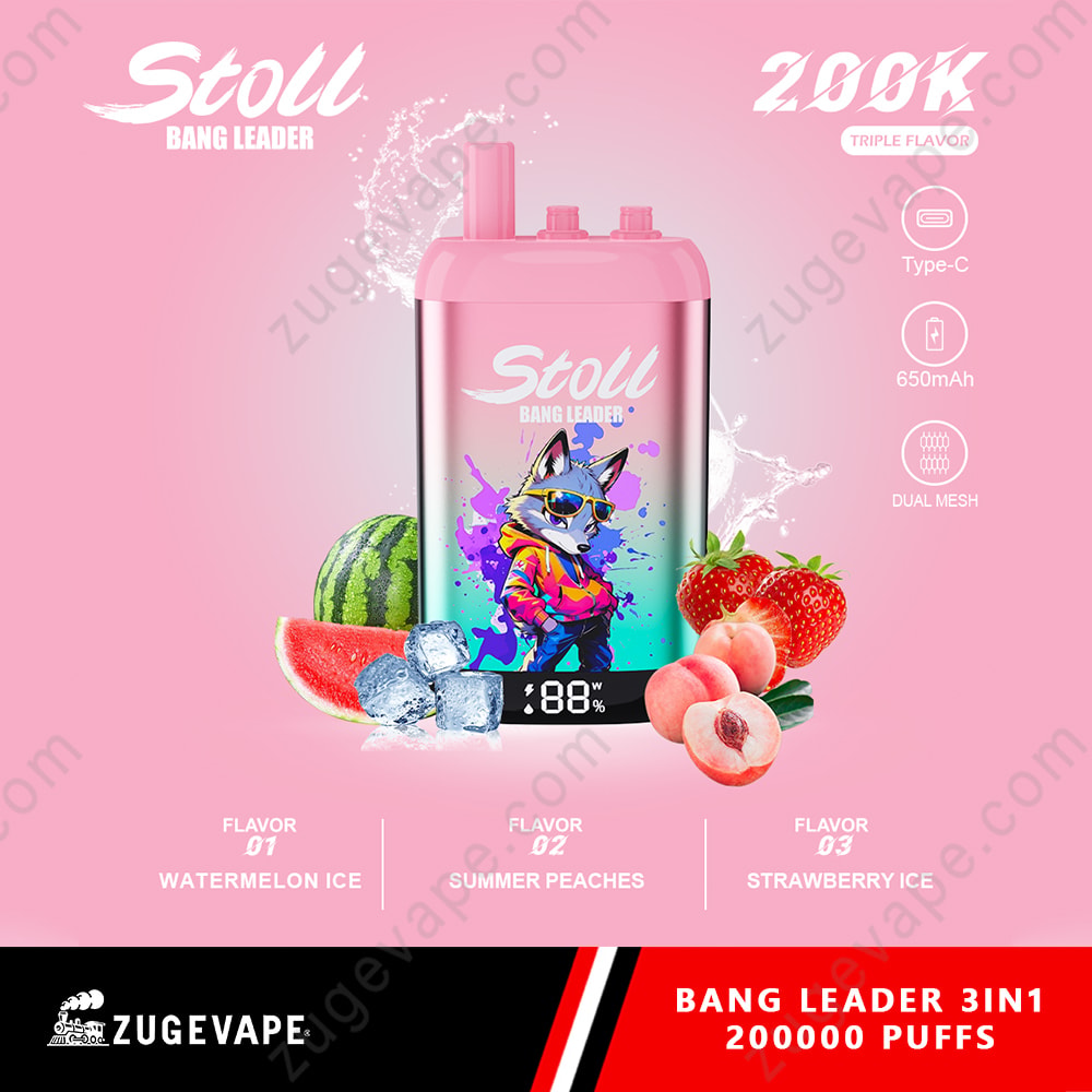 Bang Leader Stoll 200K Puffs 3 In 1 Flavors 200K Vape 4 A Pink Vape Device With A Cat Wearing Sunglasses On The Front, Surrounded By Watermelon, Ice, And Berries, Set Against A Pink Gradient Background.