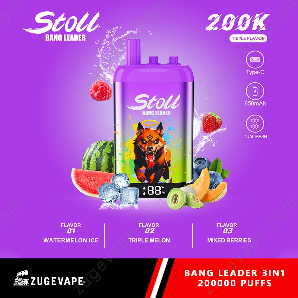 Bang Leader Stoll 200K Puffs 3 In 1 Flavors 200K Vape 3 A Purple Vape Bottle With A Fierce Orange Dog Graphic On The Front, Surrounded By Fruits (Watermelon Slice, Berries, Kiwi, Melon) And Ice, Set Against A Purple Background; Branding And Text Elements Visible.