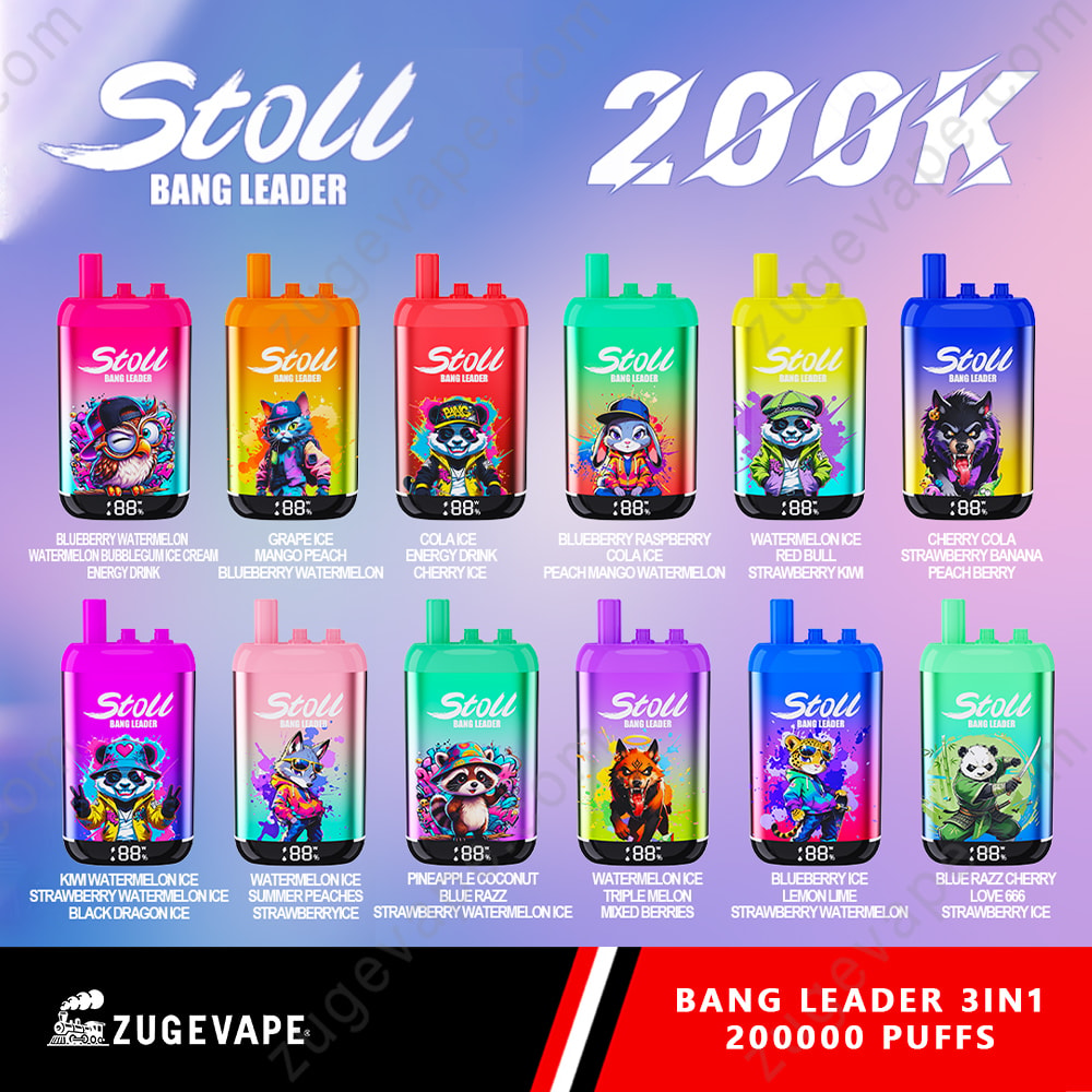Bang Leader Stoll 200K Puffs 3 In 1 Flavors 200K Vape 2 Bright Array Of Stoli Bang Leader E-Liquid Bottles From 12 Flavors, Arranged In Two Rows On A Gradient Blue-Pink Background With A Bold “200K” Header.
