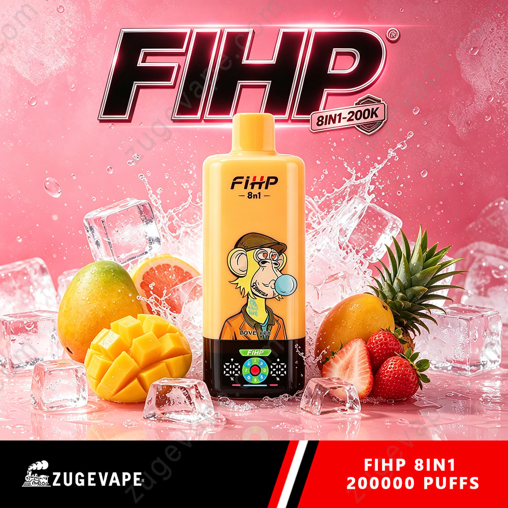Fihp 8In1 200K Puffs 8 In 1 Flavors 200K Vape (Eu Warehouse) 9 Fihp 8In1 Bottle With A Cartoon Monkey On The Label, Set Against A Pink Icy Background With Mango, Pineapple, Strawberries, And Ice Cubes, Bottom Black Banner With Logos.