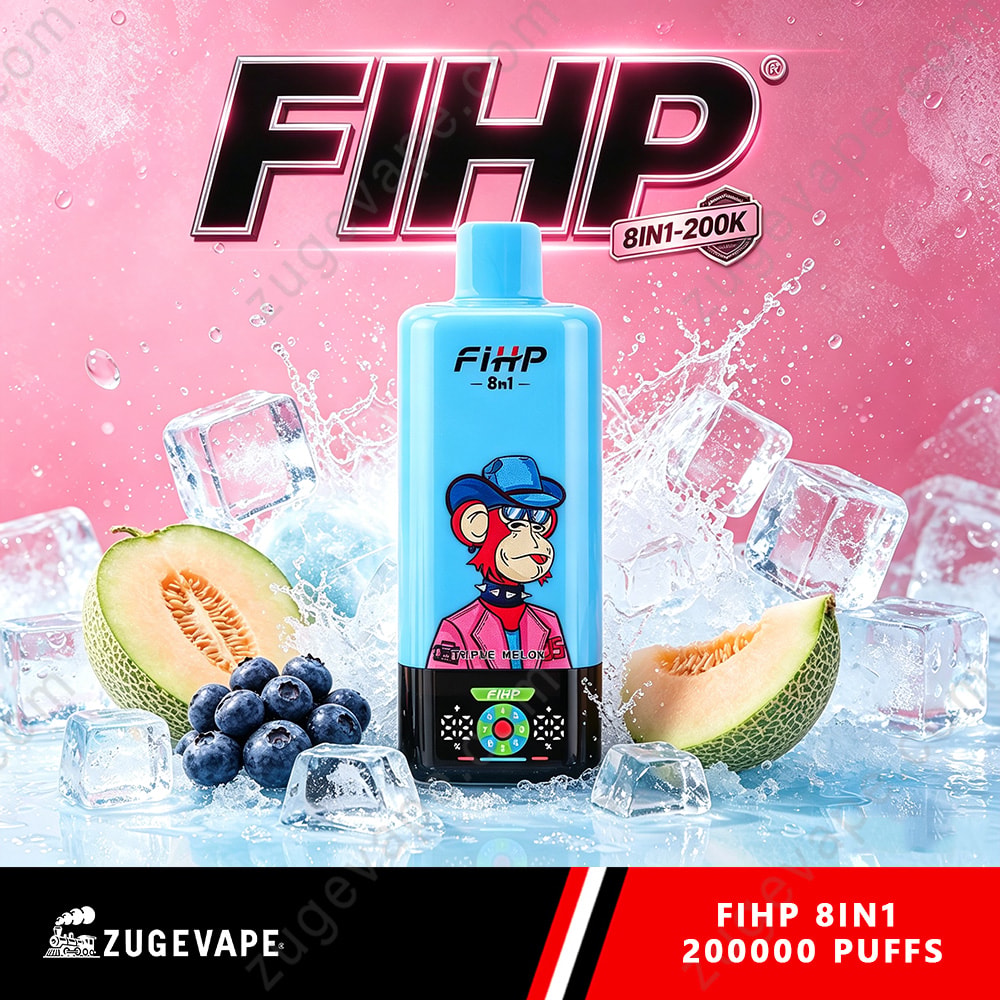 Fihp 8In1 200K Puffs 8 In 1 Flavors 200K Vape (Eu Warehouse) 8 Fihp 8In1 Vape Bottle With A Blue Label Featuring A Cartoon Monkey Wearing A Blue Hat; Black Base With A Green/Red Circular Control Graphic, Surrounded By Ice Cubes, Melon Slices, And Blueberries Against A Pink Background.