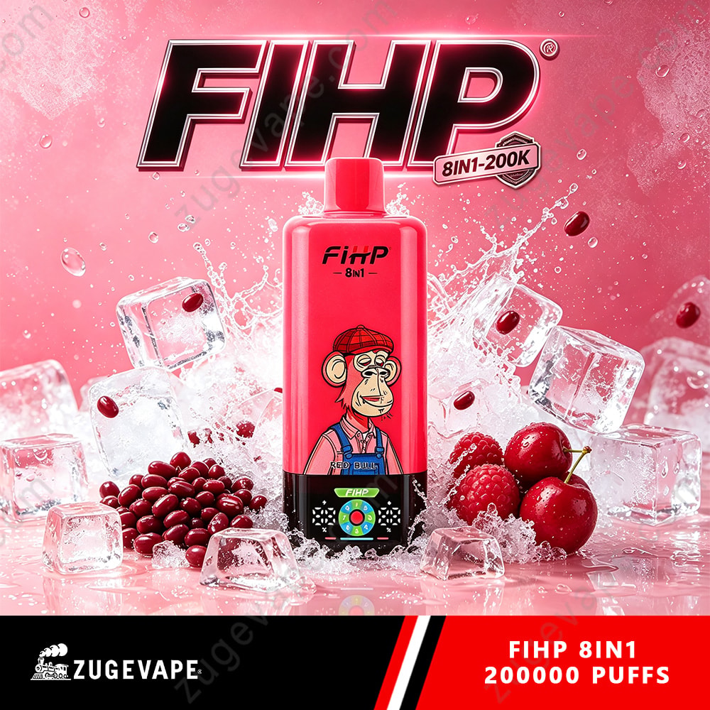 Fihp 8In1 200K Puffs 8 In 1 Flavors 200K Vape (Eu Warehouse) 7 A Pink Bottle Of Fihp 8In1 Vape Liquid With A Cartoon Monkey In A Red Knit Cap On The Front, Surrounded By Ice Cubes And Cherries Against A Pink Background.