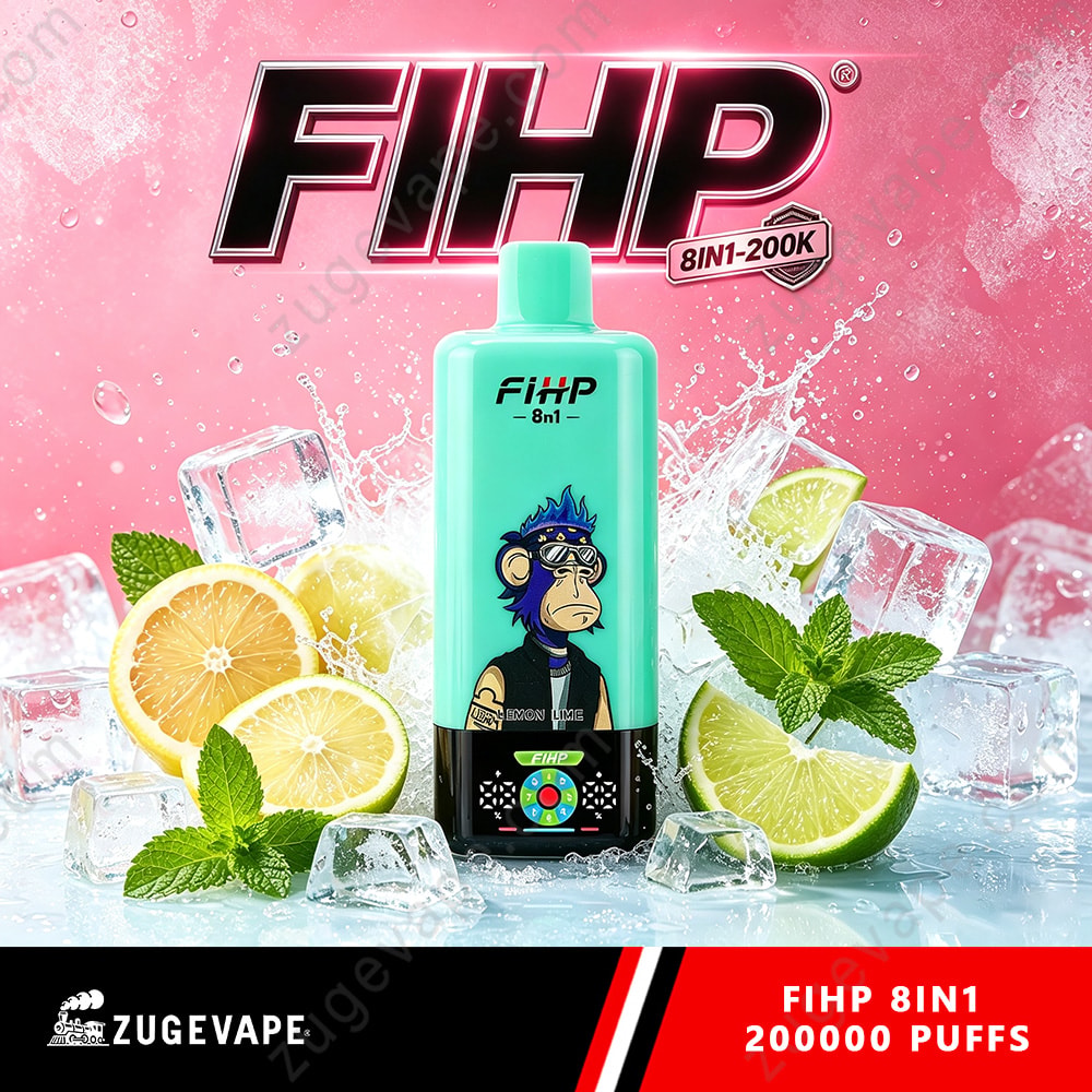 Fihp 8In1 200K Puffs 8 In 1 Flavors 200K Vape (Eu Warehouse) 6 Bright Turquoise Fihp 8In1 Bottle With A Cartoon Monkey On The Label, Surrounded By Lemons, Mint, And Ice Against A Pink Background; Text Reads Fihp And 8In1.