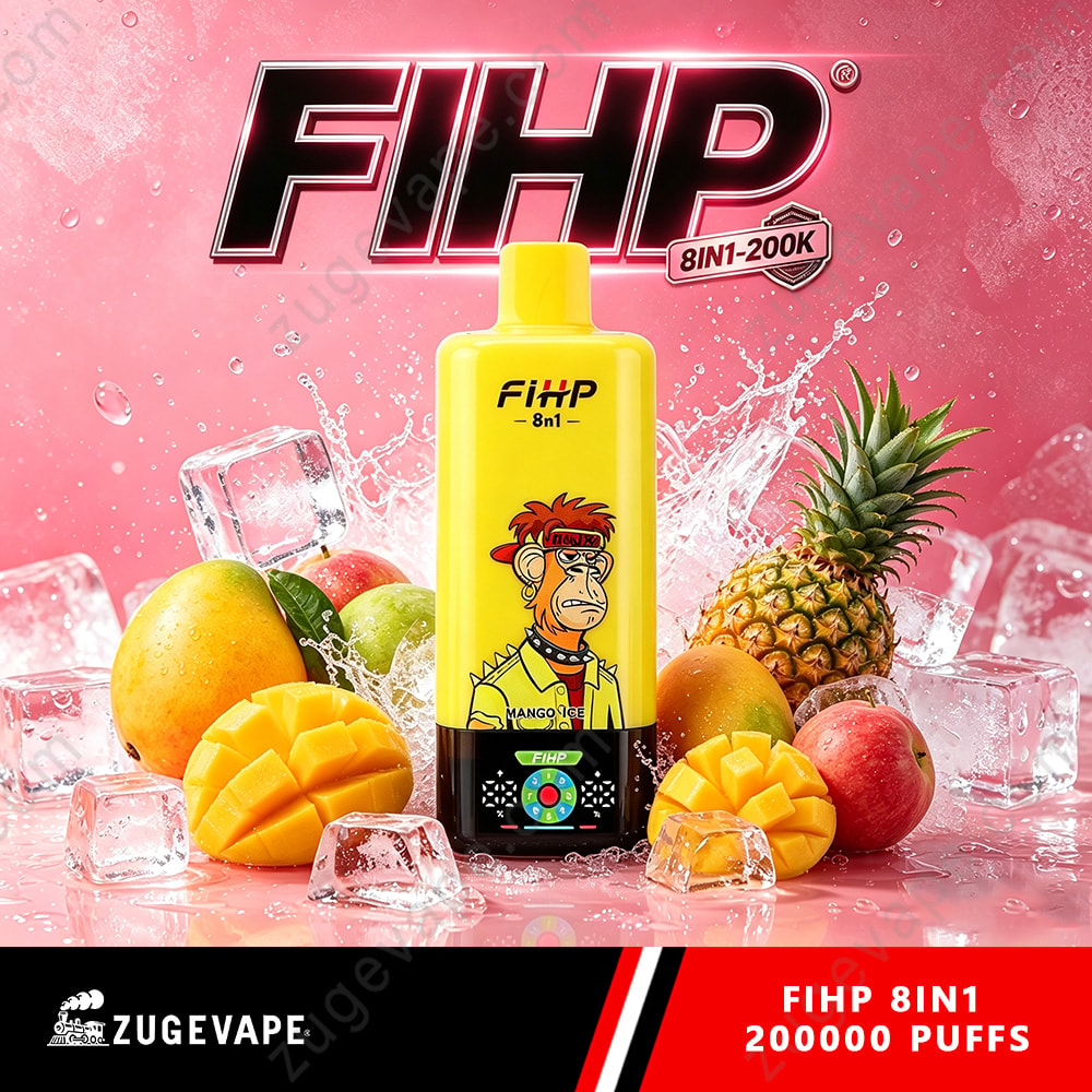 Fihp 8In1 200K Puffs 8 In 1 Flavors 200K Vape (Eu Warehouse) 5 Fihp 8N1 Bottle With A Cartoon Monkey On A Yellow Label, Set Against A Pink Background With Fruit (Mangoes, Pineapple, Apples) And Ice Cubes; Brand Text Fihp At Top And Zugevape Logo At Bottom.