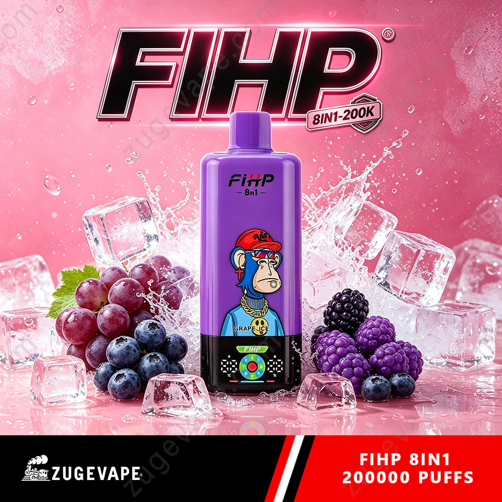 Fihp 8In1 200K Puffs 8 In 1 Flavors 200K Vape (Eu Warehouse) 4 A Purple Bottle Of Fihp 8In1 Vape Juice Sits On A Pink Background With Ice Cubes And Berries (Grapes And Blackberries) Around It; Bold Fihp Logo At Top And A Black/Red Label At Bottom.
