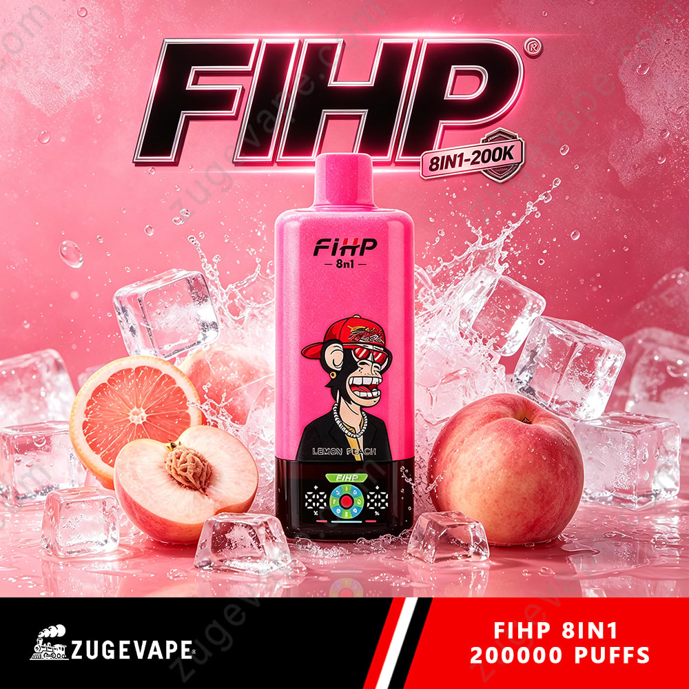 Fihp 8In1 200K Puffs 8 In 1 Flavors 200K Vape (Eu Warehouse) 2 Bright Pink Fihp Bottle With A Cartoon Monkey Wearing A Hat, Set Against A Pink Icy Background With Fruit (Grapefruit Half, Peach) And Ice Cubes; Bold Fihp Logo Above.