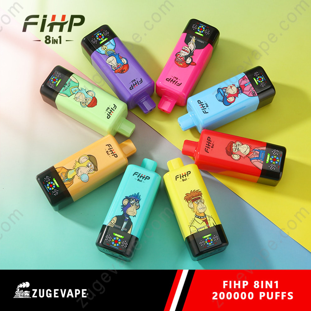 Fihp 8In1 200K Puffs 8 In 1 Flavors 200K Vape (Eu Warehouse) 1 Assorted Fihp 8In1 Vape Bottles In Bright Colors Arranged In A Circle On A Colorful Background With Packaging Text Fihp 8In1 And Zu Ge Vape Branding At Bottom.