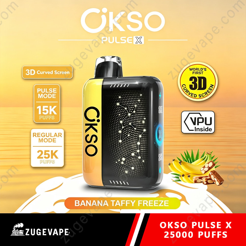 Okso Pulse X 25000 Puffs 3D Curved Screen 25K Vape 22 Okso Pulse X Vaping Device With Banana Taffy Freeze Flavor, Black Front Panel, Yellow Gradient Body, And Background Sunset Scene With Branding Elements