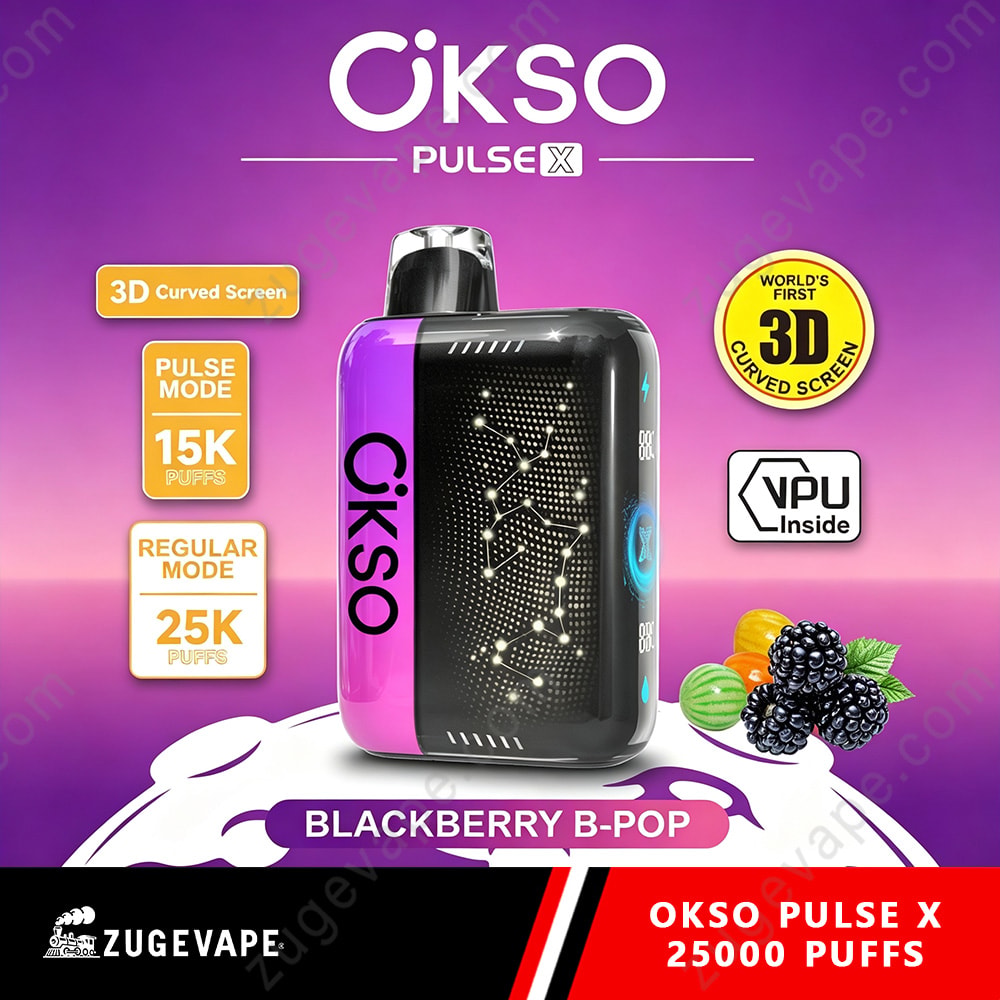 Okso Pulse X 25000 Puffs 3D Curved Screen 25K Vape 21 Okso Pulse X Blackberry B-Pop Vape Device With Purple And Black Body, Logos, And Fruit Cluster On Right; Shows 3D Curved Screen And Puff Specs.