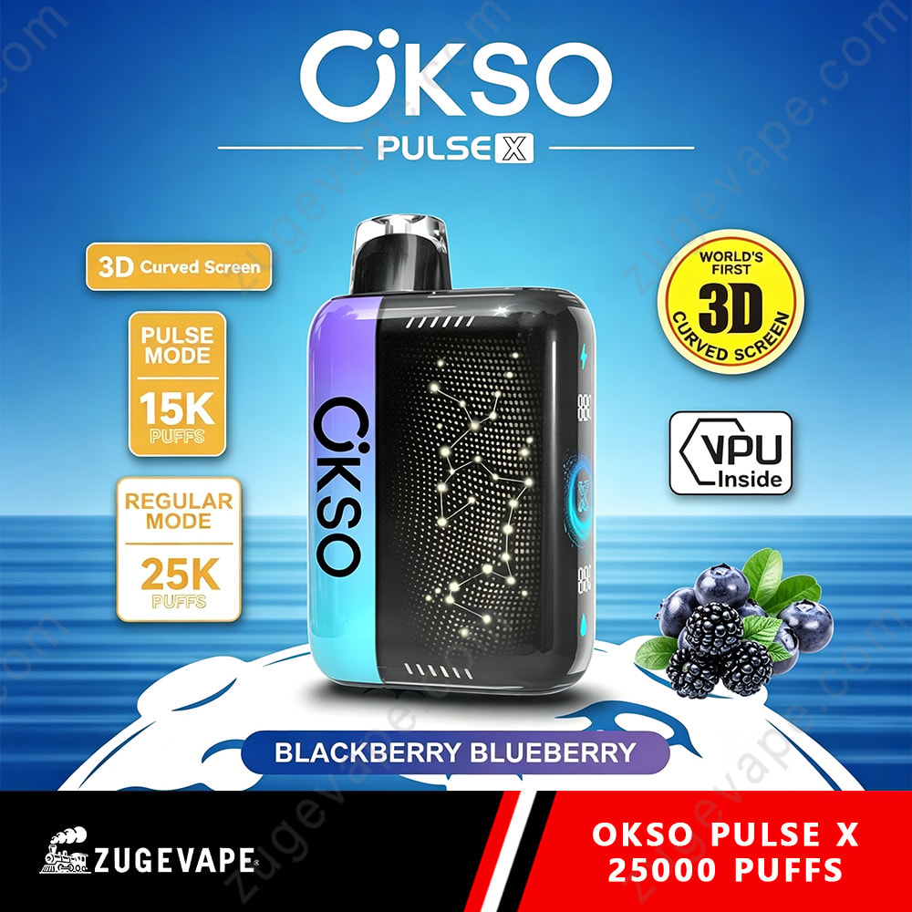 Okso Pulse X 25000 Puffs 3D Curved Screen 25K Vape 20 Okso Pulse X Device With A Blue-Black Gradient, Front Panel Showing A Circuit Design, Against A Blue Ocean Backdrop; Features 3D Curved Screen, 15K/25K Puff Modes, And A Blackberry-Blueberry Flavor Label Reading Blackberry Blueberry.