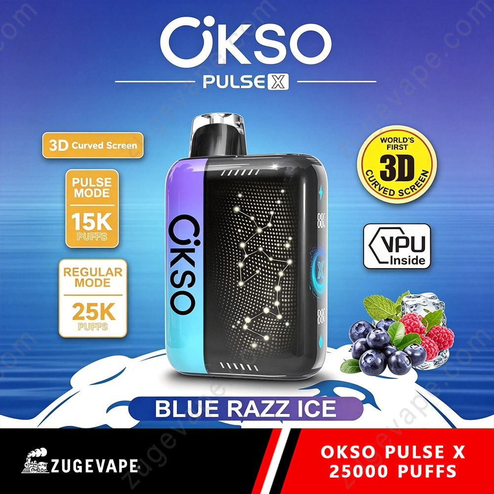 Okso Pulse X 25000 Puffs 3D Curved Screen 25K Vape 19 Okso Pulse X Device With Blue Gradient Body Labeled Okso, Sandwiched By Berries And Ice, Text Highlights 3D Curved Screen And Puff Modes; Blue Razz Ice Flavor.