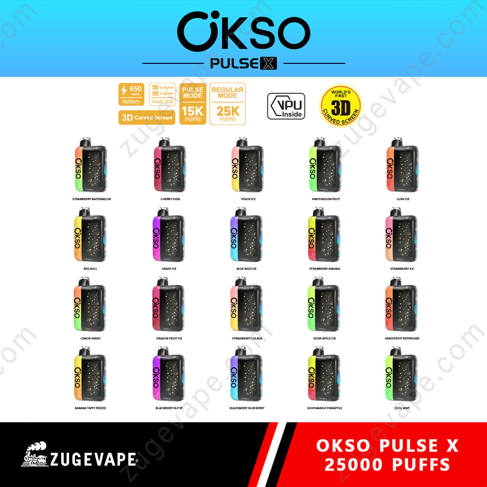 Okso Pulse X 25000 Puffs 3D Curved Screen 25K Vape 2 Okso Pulse X Collection With Multiple Colored Vaping Devices Arranged In A Grid On A White Background, Header Branding Okso Pulse X, And Zuvegape Banner At Bottom.