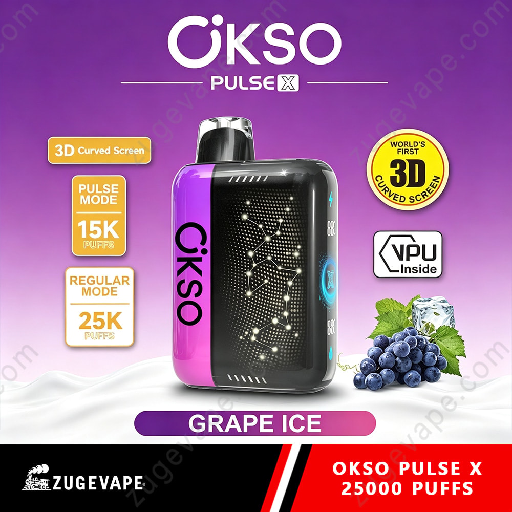 Okso Pulse X 25000 Puffs 3D Curved Screen 25K Vape 18 Grape Ice Okso Pulse X Vape Device With Purple Side Panel, Black Display Screen, Branding Ezgu Veg, And Grape Cluster Illustration On A Snowy Surface.