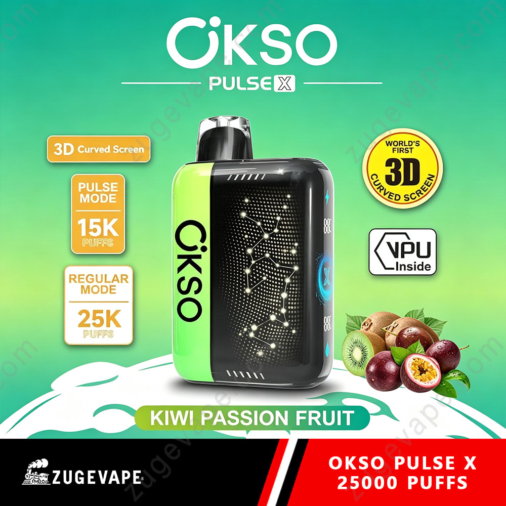 Okso Pulse X 25000 Puffs 3D Curved Screen 25K Vape 17 Kiwi Passion Fruit Flavored Okso Pulse X Vape Device With A Black And Neon Green Body, 3D Curved Screen Visuals, Fruit Graphics, And Branding Text Okso Pulse X, 25K/15K Puffs Options.